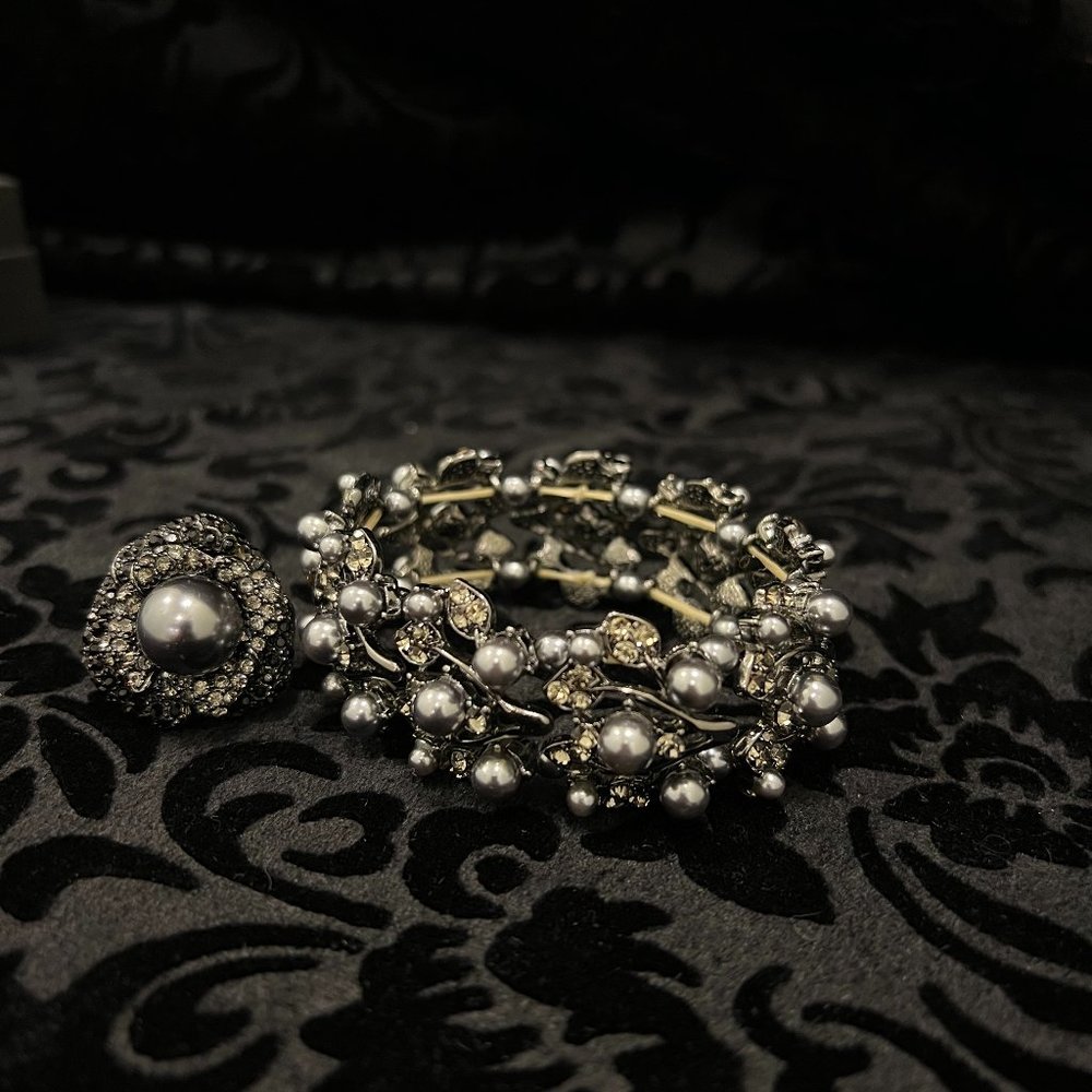 Grey Pearl & Marcasite Bracelet & Ring Set